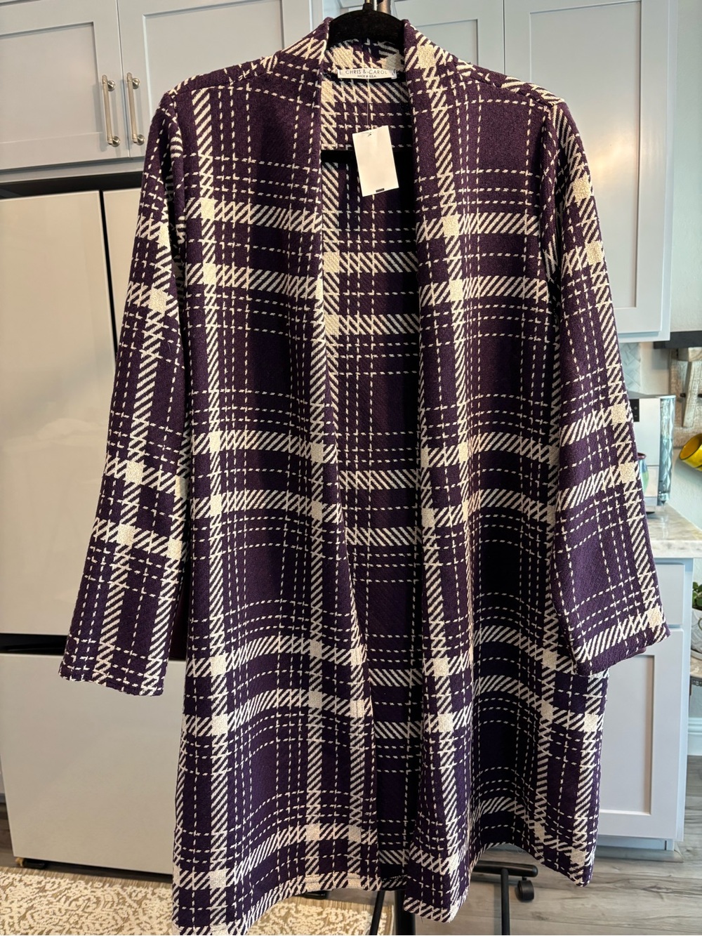 Chris & Carol Purple and White Plaid Open-Front Long Sleeve Coatigan